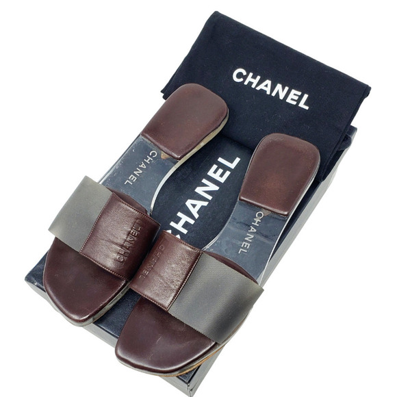 Chanel LOGO Sandals Brown Leather Flat Slides Clear Block PVC Mules EU 36.5‎ - Picture 1 of 9